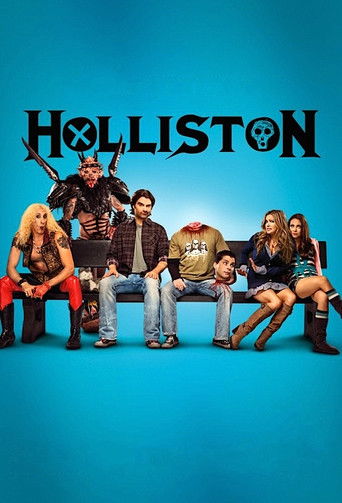 The poster features a group of seven characters in casual attire against a vibrant blue background. The title "Holliston" is prominently displayed at the top in bold, black lettering with a skull motif. The overall mood is casual and humorous, suggesting a comedy or action series.