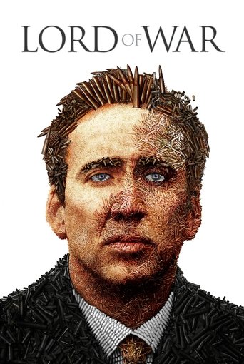 The poster features a gritty, weathered man with a stern expression, wearing a dark suit against a stark white background. The bold, capitalized title "Lord of War" dominates the top, evoking themes of conflict and power. The overall mood is intense and dramatic, capturing the essence of a war mo...