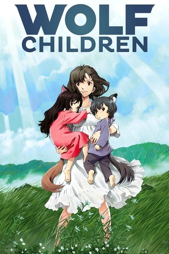 The poster features a young girl in a red dress and white skirt, holding a small boy in a purple shirt and blue pants. They stand on a grassy field under a bright blue sky with clouds. The title "WOLF CHILDREN" is prominently displayed at the top in bold letters. The mood is playful and adventuro...