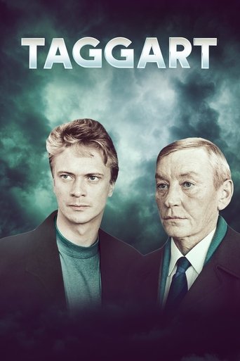 The poster features two men in formal attire against a moody, dark blue background. The title "TAGGART" is prominently displayed at the top, evoking a sense of mystery and drama. The overall composition suggests a serious and dramatic television series.