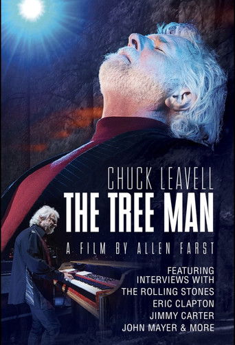 This movie poster features Chuck Leavell in a dramatic pose against a dark, starlit sky, with a mysterious figure in a suit playing a piano in the foreground. The colors are rich and moody, with deep blues and blacks dominating the scene, evoking a sense of mystery and intrigue. The overall mood ...
