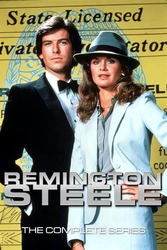 The poster features a glamorous man in a black suit and a stylish woman in a light blue outfit, both exuding confidence against a yellow background. The bold, metallic text highlights the show's title, while the overall design conveys a sophisticated, glamorous, and slightly edgy mood.