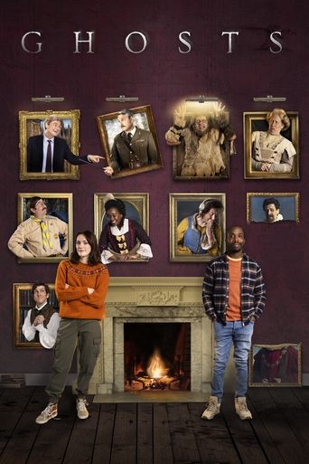 The poster features a spooky yet cozy atmosphere with a fireplace and framed portraits of the cast. Two characters stand in front, one in an orange jacket and the other in a plaid shirt, creating a warm contrast against the eerie purple background. The mood is mysterious and inviting, hinting at ...