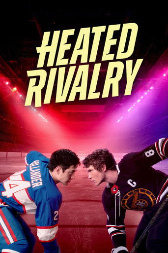 The poster features two hockey players in intense close-up, their faces nearly touching as if about to collide. The vibrant red and purple lighting creates a dramatic, high-energy atmosphere, emphasizing the rivalry's passion and excitement.