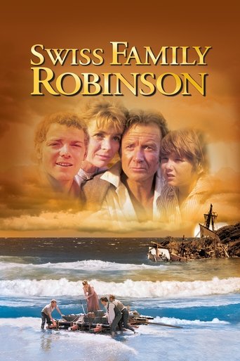 This movie poster features a warm, golden sunset over a rugged coastline with figures of the Robinson family. The mood is nostalgic and adventurous, capturing the essence of a family seeking a new life in the wild.