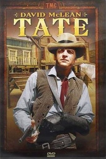 The poster features a rugged cowboy in a western outfit against a warm, sepia-toned backdrop. The title "Tate" is prominently displayed in bold, golden letters, evoking a sense of adventure and mystery. The overall mood is one of classic Western charm, with rich colors and a nostalgic feel that c...