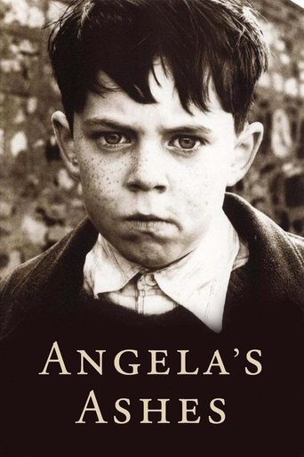 A sepia-toned portrait of a young boy with a somber expression, framed against a textured brick wall. The title "ANGELA'S ASHES" appears in bold, serif typography at the bottom, evoking a sense of melancholy and historical weight.