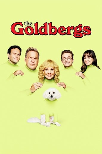 The Goldbergs poster features five characters—two men, a woman with blonde hair, a man with glasses, and a woman with dark hair—posed against a bright lime green background. A small white dog sits on the floor below them, and the title "The Goldbergs" is written in bold red letters at the top. Th...