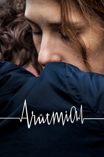 The poster features a close-up of two people embracing in a tender moment, with one person's face partially obscured by the other's. The deep blue background provides a calm and serene atmosphere, while the white text "Arrhythmia" adds a mysterious and emotional tone.