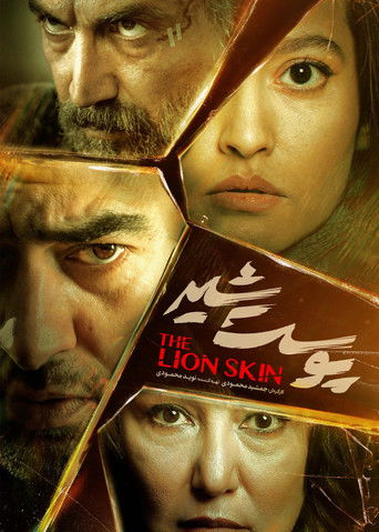 The poster features a dramatic collage of four intense faces, suggesting a thriller or action drama. The warm, golden tones and sharp lighting create an atmosphere of suspense and danger. The title "The Lion Skin" is prominently displayed in bold, stylized text, hinting at a gripping narrative.