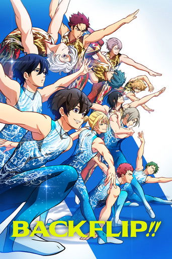 This vibrant anime poster showcases a dynamic group of characters in mid-air, performing acrobatic flips against a bright blue sky. The energetic composition, with characters in colorful outfits, conveys excitement and action. The bold yellow text "BACKFLIP!!" emphasizes the show's theme, creatin...