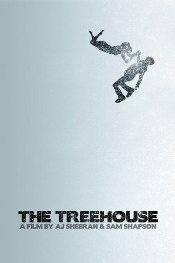 The poster features a silhouette of a person mid-jump against a soft, light blue background. The title "THE TREEHOUSE" is prominently displayed in bold, black text at the bottom. The muted color palette and dynamic pose evoke a sense of mystery and adventure.