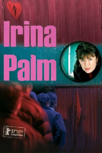 The poster features a young woman with dark hair, framed in a teal circle, against a dark, moody background. The title "Irina Palm" is prominently displayed in bold pink letters, evoking a sense of mystery and intrigue. The overall composition suggests a suspenseful or dramatic narrative, with ri...