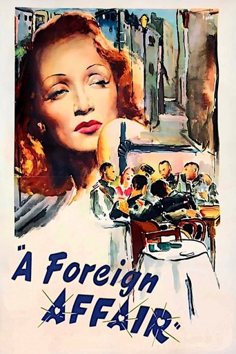 The poster features a glamorous woman with red hair and bold makeup, exuding confidence. Below her, a bustling street scene captures people enjoying outdoor dining, adding a lively atmosphere. The vibrant colors and dynamic composition evoke a sense of romance and intrigue.