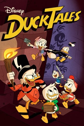 The Disney DuckTales poster features a dynamic scene with four characters in vibrant colors—red, orange, yellow, and blue—against a dark purple background. The characters are depicted in action poses, with one holding a torch and another wielding a staff. The overall mood is energetic and adventu...