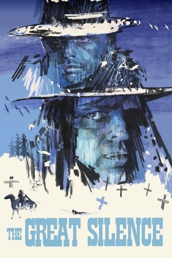 This movie poster depicts a haunting scene with a figure in a dark hat, surrounded by silhouetted trees and a mysterious, eerie atmosphere. The cool blue and black color palette evokes a sense of mystery and foreboding, while the title "The Great Silence" hints at a chilling narrative.