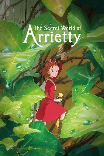 The poster features a young girl in a red dress standing amidst lush green leaves, evoking a magical, dreamlike atmosphere. The vibrant colors and gentle mood suggest a whimsical tale of friendship and wonder.