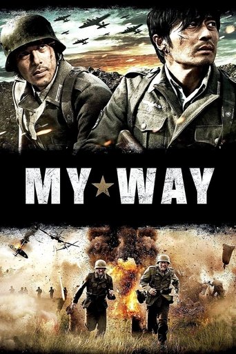 This movie poster depicts two soldiers in WWII uniforms, exuding a somber and reflective mood. The sepia-toned image of the soldiers, with one holding a rifle and the other looking determined, captures the gritty atmosphere of the war. The title "MY WAY" is prominently displayed in bold, white le...
