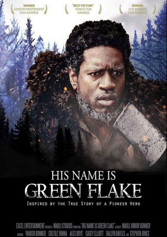 The poster features a rugged, weathered man with a somber expression, surrounded by a snowy, forested backdrop. The muted blues and whites convey a cold, desolate atmosphere, while the title "His Name Is Green Flake" hints at a gritty, possibly humorous narrative.