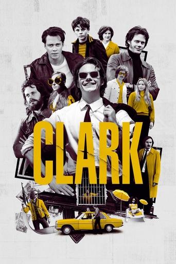 This poster features a collage of characters from the TV show "Clark," with a central figure in a yellow suit and sunglasses. The bold yellow text "CLARK" dominates the center, surrounded by vintage cars and a yellow taxi. The overall mood is nostalgic, capturing the retro aesthetic of the 1970s ...