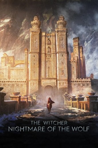 The poster features a lone figure in a dark cloak walking toward a grand, ancient castle under a stormy sky. The castle is bathed in warm golden light, contrasting with the dark, ominous clouds above. The overall mood is mysterious and foreboding, evoking a sense of danger and intrigue.
