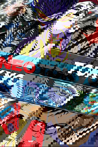 This vibrant poster showcases a dynamic scene with Neo, a futuristic robot, in the center. Surrounding him are various characters, including a menacing figure on the left and a cheerful character on the right. The bold red and white text "NEO TOKYO" stands out against the colorful background. The...