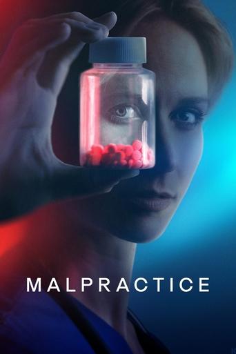 A woman holds a bottle of red pills, her eyes wide with a mix of fear and determination. The dramatic lighting of red and blue casts a somber mood over the scene. The poster hints at a thriller or drama about medical errors and ethical dilemmas.