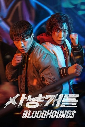 The poster features two determined men in action poses against a dramatic, neon-lit background. The cool blue tones and intense lighting convey a sense of urgency and action. The title "Bloodhounds" is prominently displayed in bold, metallic lettering, emphasizing the show's gritty and intense th...