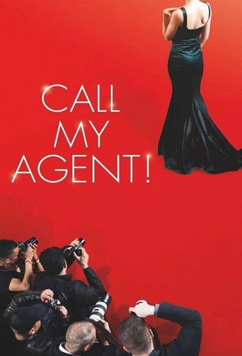 The poster features a striking red background with a glamorous black dress hanging from the top right. In the bottom left, several people are seen taking photos, creating a sense of intrigue and mystery. The bold white text "CALL MY AGENT!" dominates the center, suggesting a dramatic and engaging...