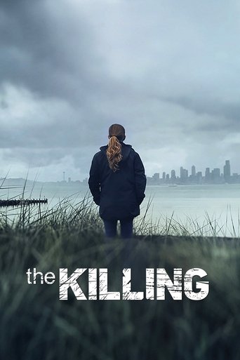 The poster features a solitary figure standing in tall grass, facing away from the viewer against a moody, overcast sky. The muted tones of gray and green evoke a somber, melancholic mood, while the distant city skyline hints at urban decay. The title "the KILLING" in bold, white letters dominate...