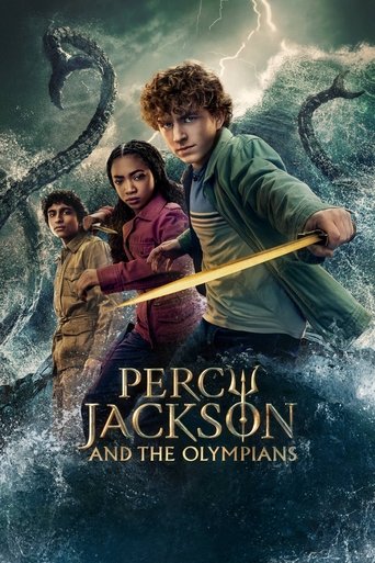 The poster features Percy Jackson, a determined young man with curly hair, leading a group of friends in a dramatic scene. The vibrant colors of the characters' clothing contrast against the stormy, dark background. The mood is adventurous and epic, capturing the excitement of the upcoming story.