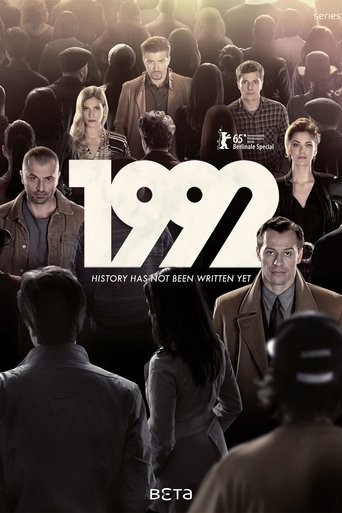The poster features a dramatic scene with multiple characters in a dimly lit room, suggesting mystery and intrigue. The warm, sepia-toned lighting creates an atmosphere of nostalgia and suspense. The bold "1992" title stands out against the dark background, emphasizing the year's significance.