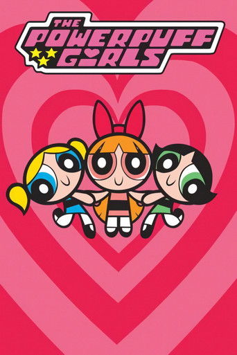 The Powerpuff Girls stand confidently against a vibrant pink heart backdrop, their colorful outfits and expressive poses radiating energy and friendship.