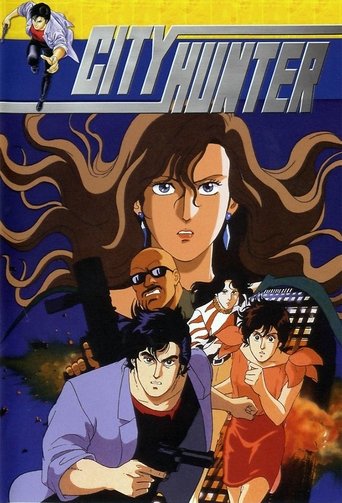 This vibrant City Hunter poster features dynamic action scenes with characters in motion, set against a dramatic blue and yellow background. The bold title and energetic composition evoke excitement and adventure, capturing the essence of the show's thrilling narrative.