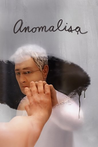 The poster features a man with white hair and glasses, his hand raised in a gesture of mystery. The background is a soft gray with a swirling black vortex, evoking a sense of supernatural or otherworldly atmosphere. The title "Anomalisa" is elegantly written in cursive script at the top, suggesti...