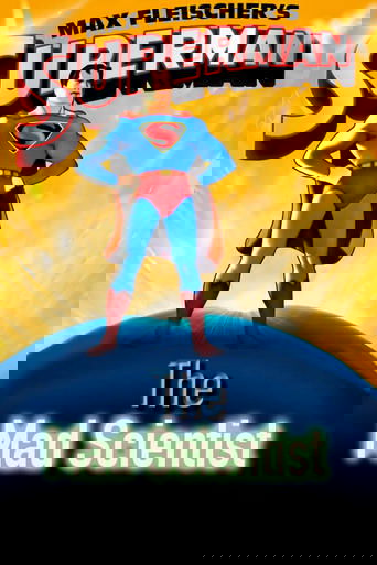 The poster features a confident Superman in a blue suit with a red 'S' emblem, standing atop a glowing blue planet against a radiant yellow background. The bold title "The Mad Scientist" is prominently displayed at the bottom, evoking a sense of action and adventure.