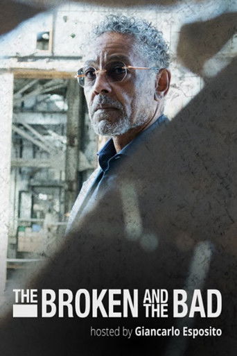 The poster features a somber, contemplative man with gray hair and glasses, set against a gritty, industrial background. The muted, desaturated color palette enhances the melancholic mood, while the bold white text at the bottom emphasizes the title "The Broken and the Bad."