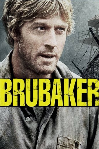 The poster features a rugged man with a weathered face, exuding a gritty, adventurous mood. The bold yellow text "BRUBAKER" dominates the foreground, contrasting sharply with the muted, sepia-toned background. The overall composition evokes a sense of drama and intrigue, hinting at a thrilling na...