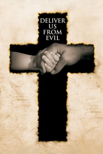 The poster features a dark cross with two hands clasped over it, symbolizing unity and sacrifice. The sepia-toned background evokes a sense of mystery and solemnity. The title "Deliver Us from Evil" is prominently displayed, suggesting a powerful message about overcoming darkness.