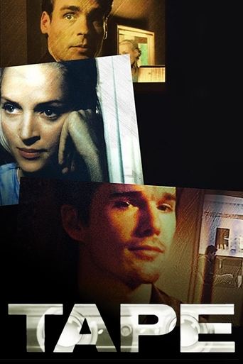 The poster features a collage of four faces in dimly lit, moody settings, evoking suspense and mystery. The colors are muted, with dark tones and warm highlights creating an atmospheric, cinematic feel. The title "TAPE" is prominently displayed at the bottom, suggesting a thriller or drama genre.