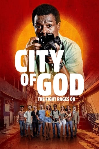 The poster features a gritty, intense scene with a man in a green shirt holding a gun against a fiery orange background. Below, a group of diverse characters stand in a dimly lit alleyway, suggesting a crime drama setting. The bold, white text "City of God" dominates the image, while the tagline ...