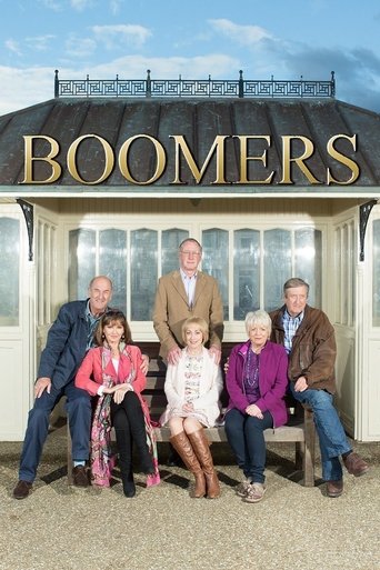 The poster features a group of six smiling adults and children posing in front of a charming, vintage-style building with the word "BOOMERS" prominently displayed in gold letters. The warm, inviting colors and cheerful expressions convey a nostalgic and friendly mood, capturing the essence of the...
