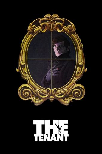 The poster features a mysterious figure in shadow, framed by an ornate golden mirror with crosshairs, evoking suspense and intrigue. The dark background amplifies the eerie atmosphere, while the stark white text "THE TENANT" at the bottom reinforces the film's dark, supernatural theme.