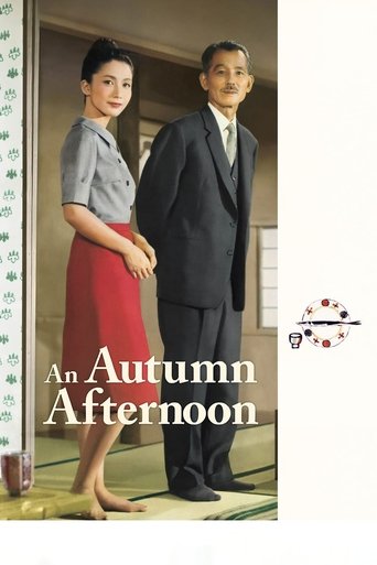 The poster features a serene autumn scene with a woman in a red skirt and a man in a dark suit, exuding elegance. The warm tones of the image evoke a cozy, nostalgic mood, capturing the essence of a classic film.