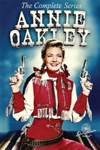 The poster features a glamorous Annie Oakley in a red and white outfit, holding two pistols against a blue sky. The title "The Complete Series" is prominently displayed at the top in bold letters. The overall mood is lively and adventurous, capturing the essence of a classic western drama.