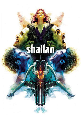 The poster features a surreal composition with a woman at the top, surrounded by ethereal figures in vibrant, swirling colors. The title "Shaitan" is prominently displayed in bold white letters, evoking a mystical and otherworldly atmosphere. The overall mood is dreamlike and mysterious, suggesti...