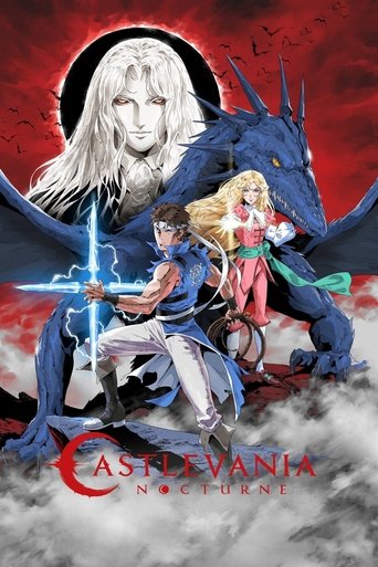 The poster features a dramatic scene with a vampire king in a black robe, a young boy holding a glowing sword, and a blonde girl in red. The background is filled with swirling clouds and a dark red sky, creating an eerie and mysterious atmosphere. The title "CASTLEVANIA NOCTURNE" is prominently d...