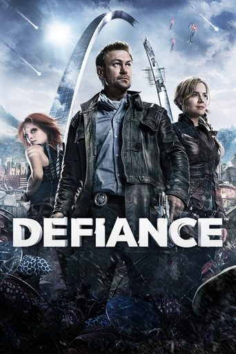 The poster features three characters in a dramatic, action-filled scene. The central figure stands confidently with a futuristic weapon, while two others flank him. The background is filled with swirling clouds and hints of a space setting, suggesting a sci-fi adventure. The dark, moody atmospher...
