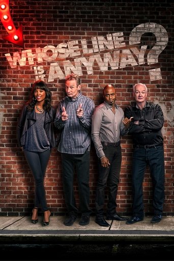 The poster features four characters standing in front of a brick wall with the show's title, "Whose Line Is It Anyway?", prominently displayed in bold letters. The warm lighting and casual attire create a relaxed, friendly atmosphere, suggesting a fun and engaging narrative.