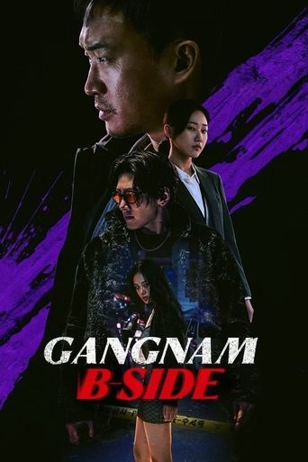 The poster features a dramatic scene with a man in a black jacket standing prominently against a dark, moody background. Behind him, smaller figures of other characters hint at a group dynamic. Vibrant purple hues contrast with the dark tones, creating an intense and mysterious atmosphere. The ti...